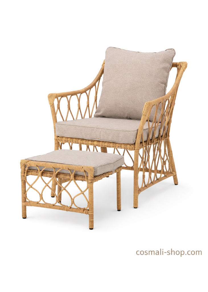 Gartensessel Set mit 2 Sesseln und Hockern aus Polyrattan Natur mit beigen Kissen