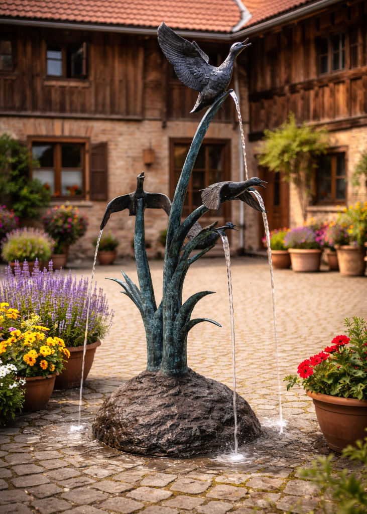 Garten-Brunnen Bronze „Vögel auf Grasbrunnen“ – Romantische Augenweide für Ihren Außenbereich