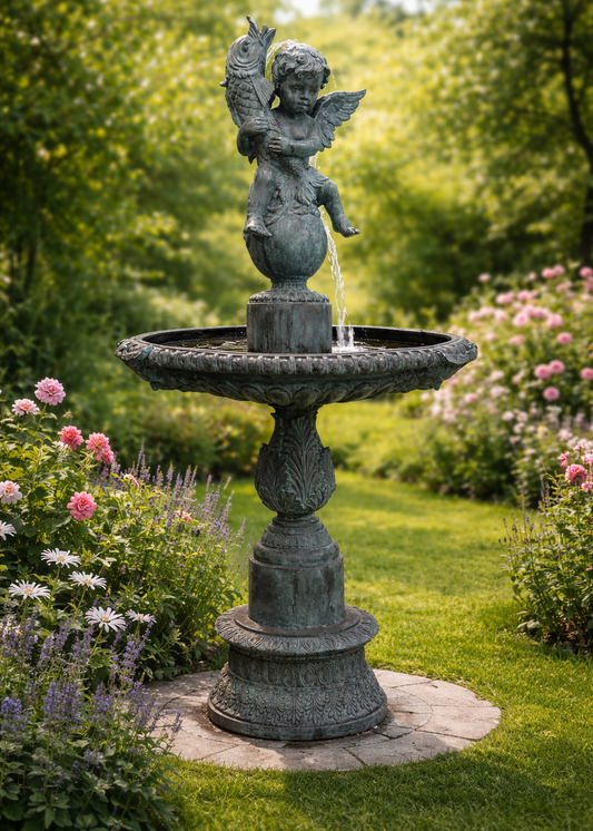 Bronze Gartenbrunnen Skulptur „Junge hält Fisch“ – handgefertigter Springbrunnen, 185 cm hoch, detailreiche Figur mit Wasserspiel im Garten