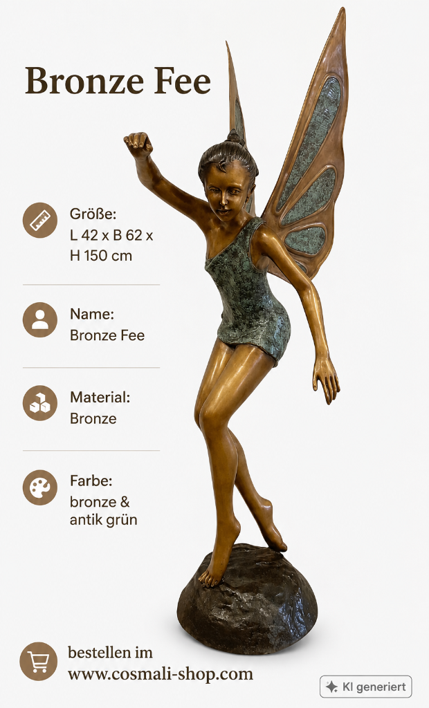 Bronze Fee Gartenfigur aus Bronze in antik grün und Bronzeoptik, 150 cm hoch, hochwertige Elfenfigur für Garten, Terrasse oder exklusiven Wohnbereich.