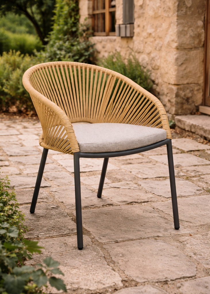 Beiger Gartenstuhl mit Aluminiumrahmen und Seilgeflecht, inklusive Sitzkissen – leicht, wetterfest und modern für Terrasse oder Balkon.