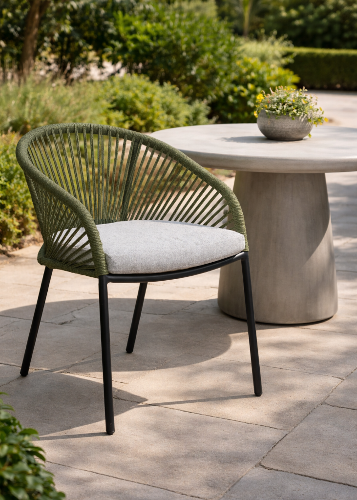 Moderner Gartenstuhl grau grün mit Seilgeflecht und Kissen auf Terrasse