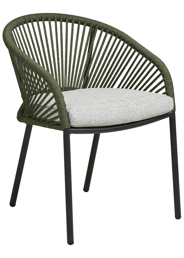 Outdoor Stuhl aus Aluminium mit grauem Sitzkissen und grünem Geflecht