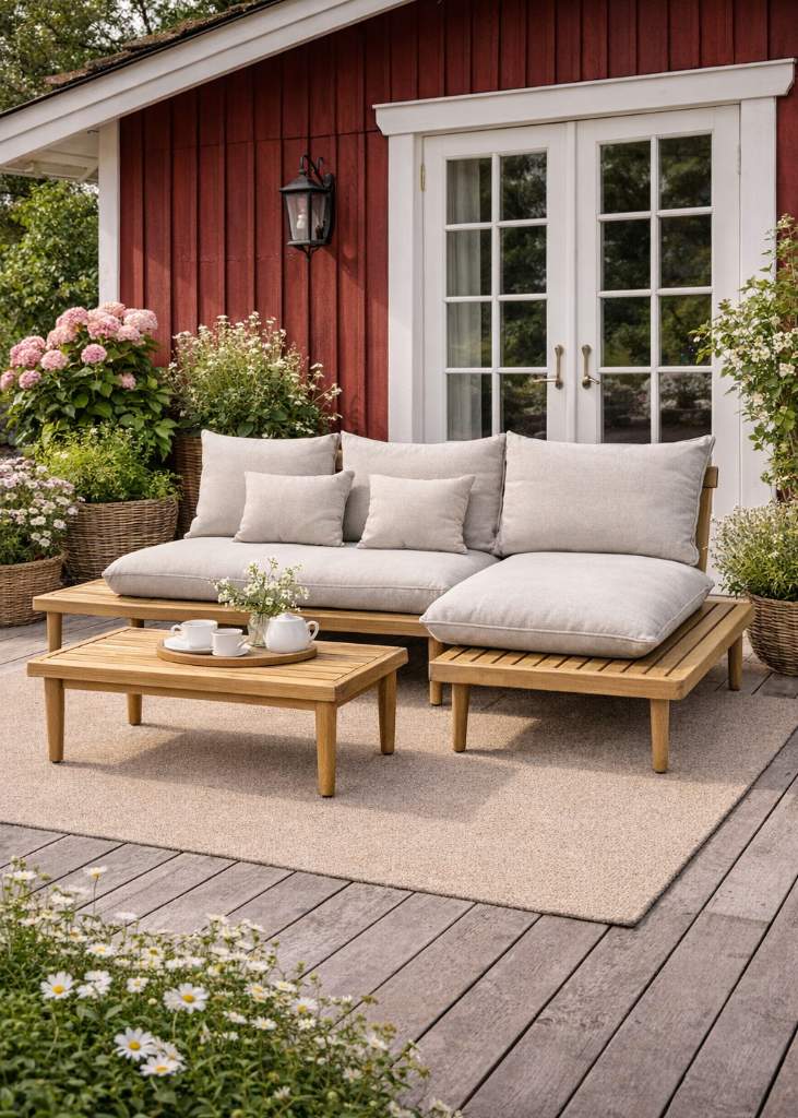 Gartenmöbel Set aus Akazienholz mit Longchair Sofa und Couchtisch