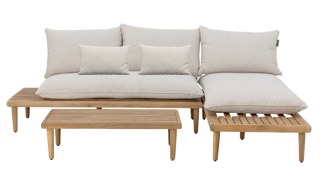 Garten Lounge Set aus FSC Akazienholz mit beigen Kissen für Terrasse