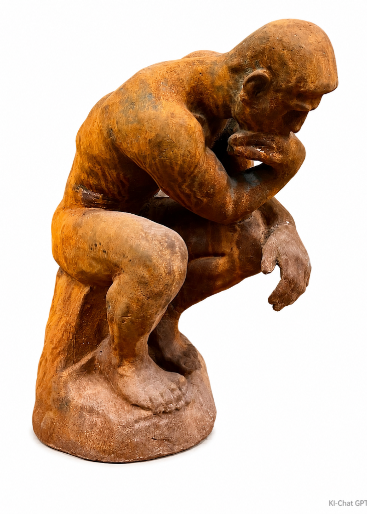 Wetterfeste Gartenfigur „Der Denker“ aus Gusseisen mit den Maßen 43 x 35 x 60 cm