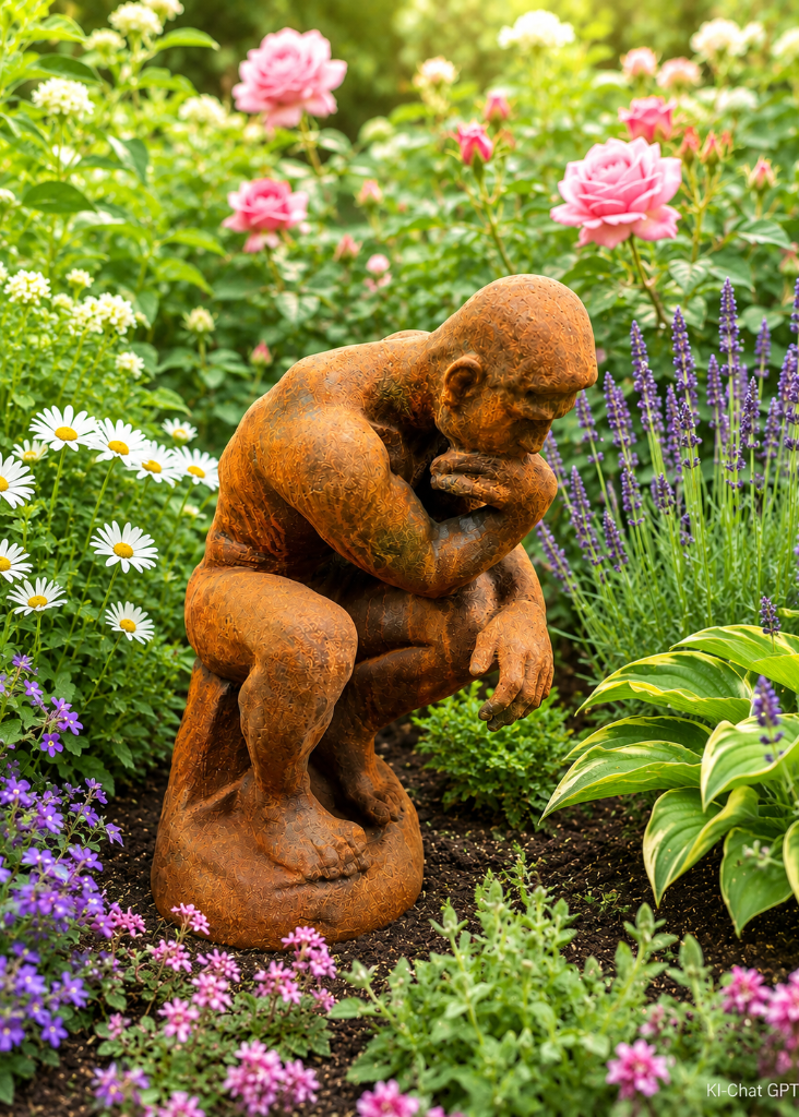 60 cm hohe Gusseisen-Skulptur „Der Denker“ als dekorativer Blickfang für Garten und Terrasse