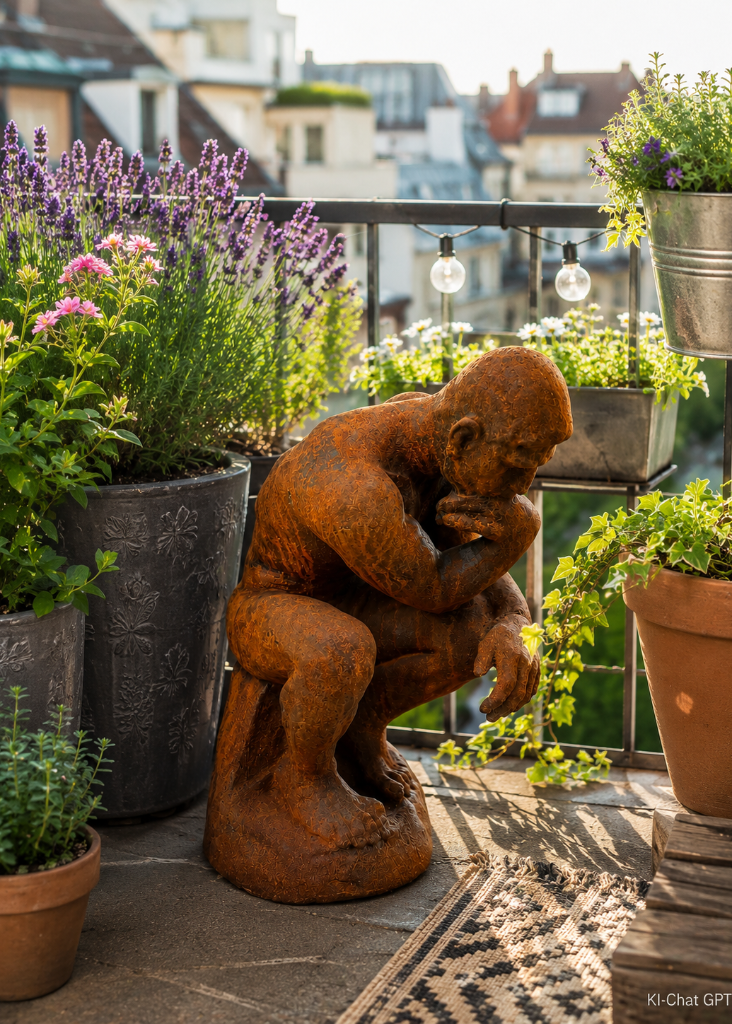 Klassische Denker-Skulptur aus antik rostigem Gusseisen für Blumenbeet, Balkon oder Garten