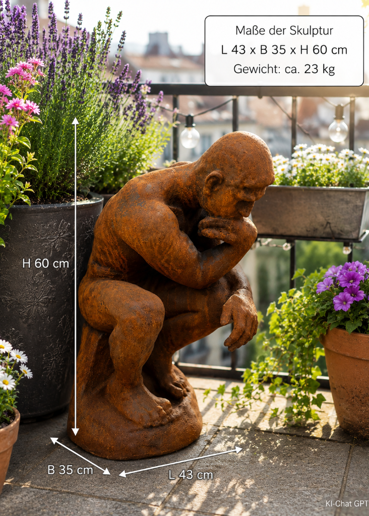 Gartenfigur „Der Denker“ aus Gusseisen in antiker Rostoptik auf einem bepflanzten Stadtbalkon