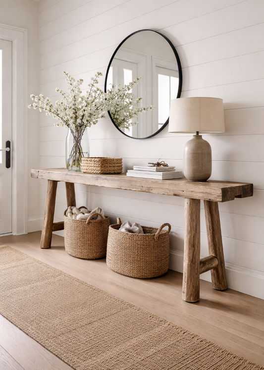 Rustikaler Konsolentisch aus Altholz Massivholz 206 cm im Shabby Industrial Stil