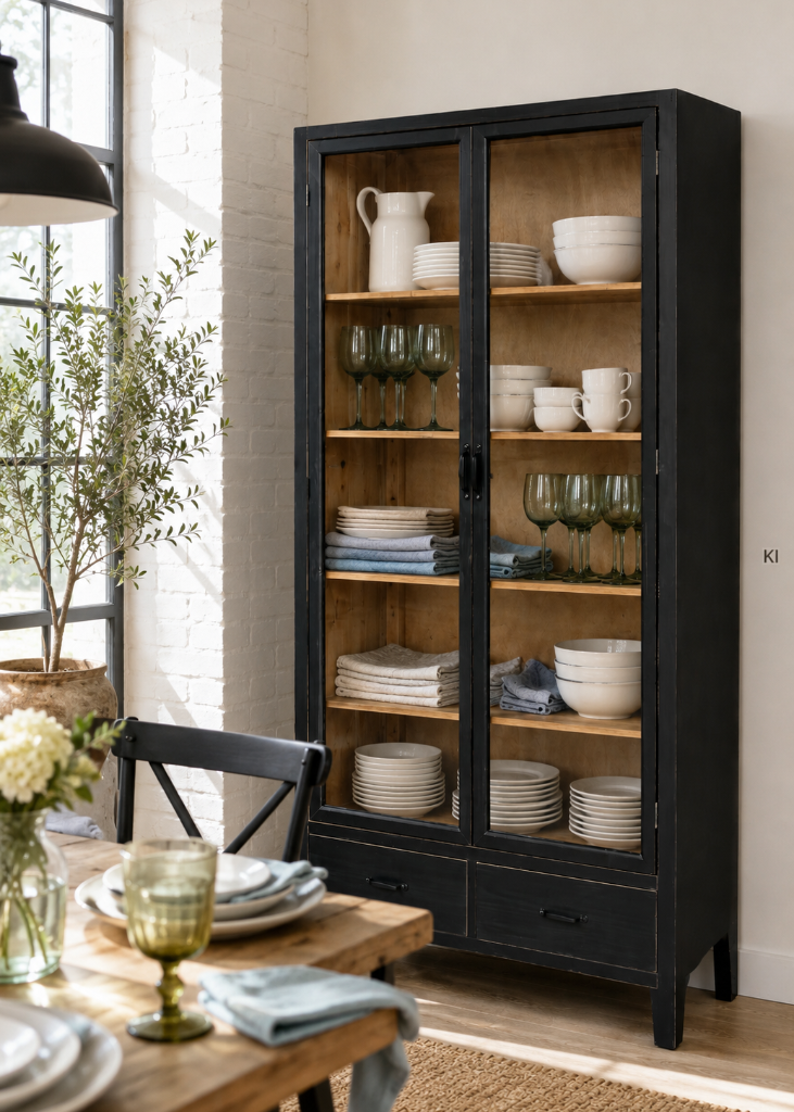 Landhaus Vitrine LILO schwarz natur mit Glastüren und Schubladen im Vintage Shabby Chic Stil