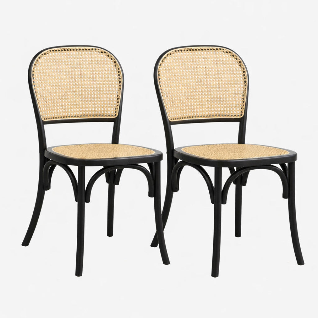 Bistrostuhl schwarz mit Rattan Sitz und Rückenlehne im Wabenmuster – Esszimmerstuhl aus Holz im 2er Set