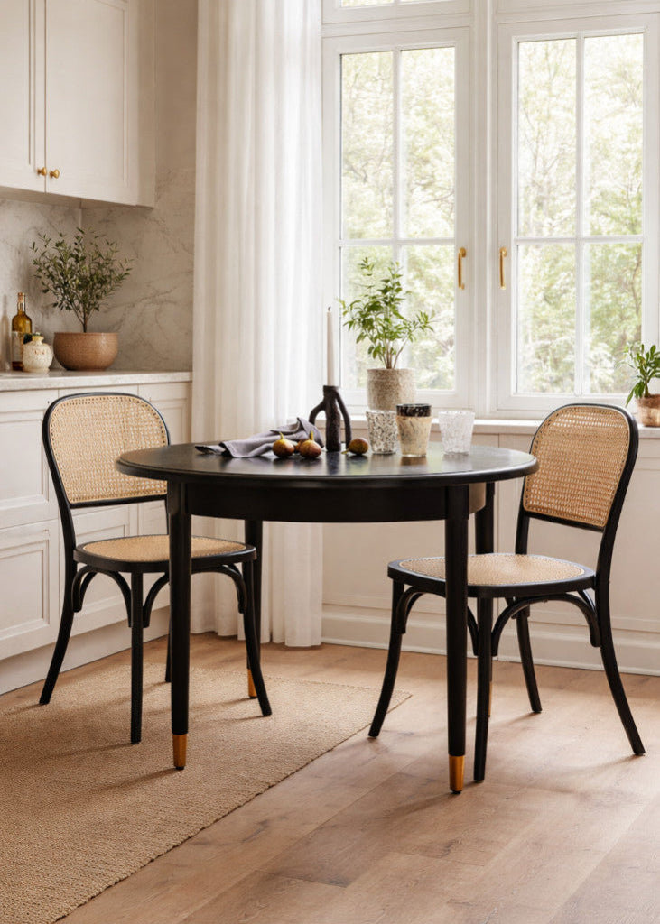 Esszimmerstuhl 2er Set Schwarz mit Rattan natur – Holzstuhl im Wiener Geflecht Design im Landhausstil