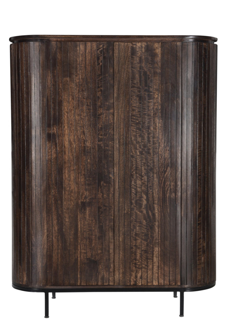 Design Wohnzimmerschrank oval braun aus Mangoholz mit Stahlfüßen und strukturierter Front