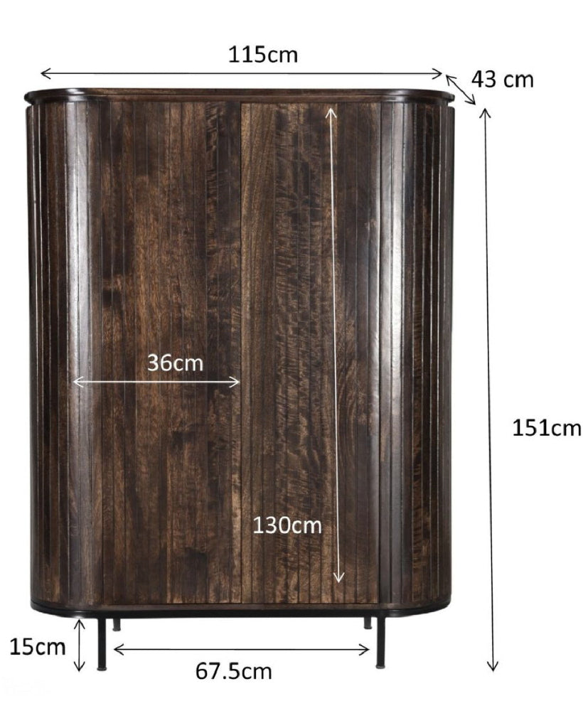 Hochwertiger ovaler Schrank aus Mangoholz braun 151 cm mit eleganter Holzstruktur