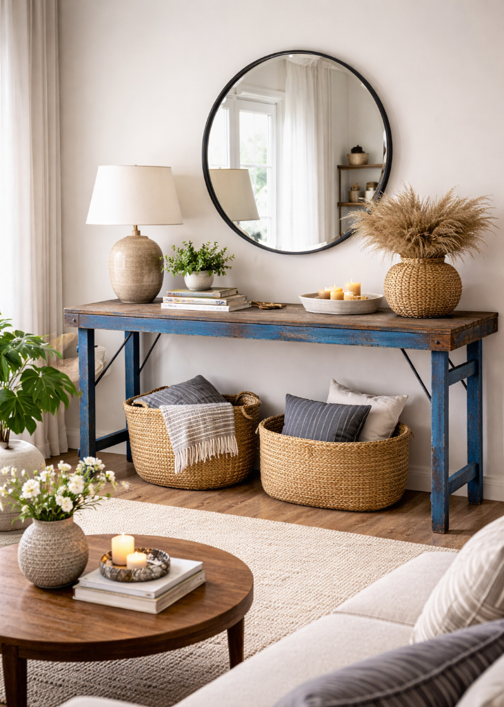 Alter Konsolentisch B 170 cm shabby blau im modernem Wohnzimmer