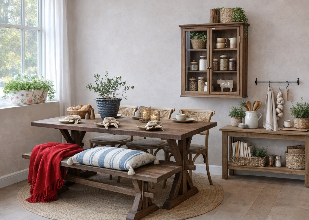 Altholz Esstisch 180 cm mit Sitzbank, Wandschrank, Stühle und Konsolentisch, Esszimmer Einrichtung