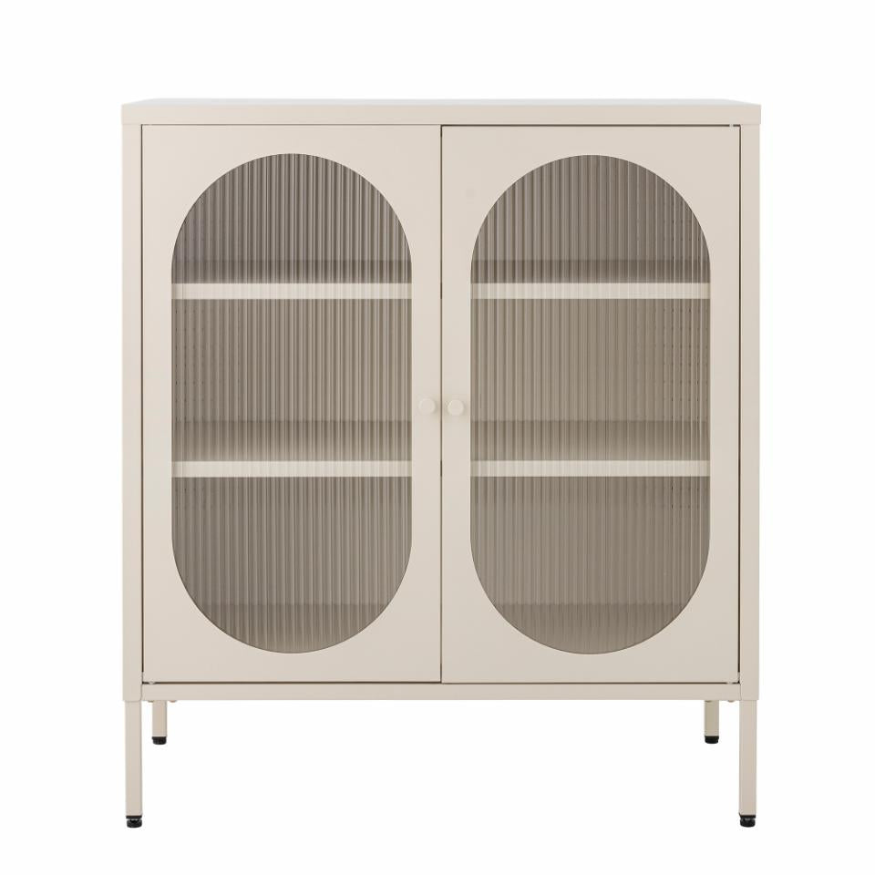 Weiße Sideboard-Vitrine LONE Metall H 90 Riffelglas Türen