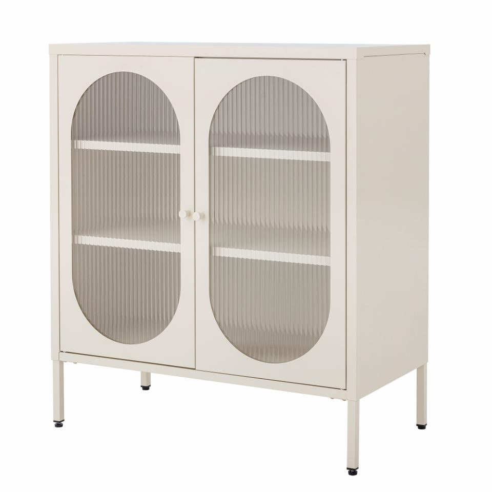 Weiße Sideboard-Vitrine LONE Metall H 90 Riffelglas Türen