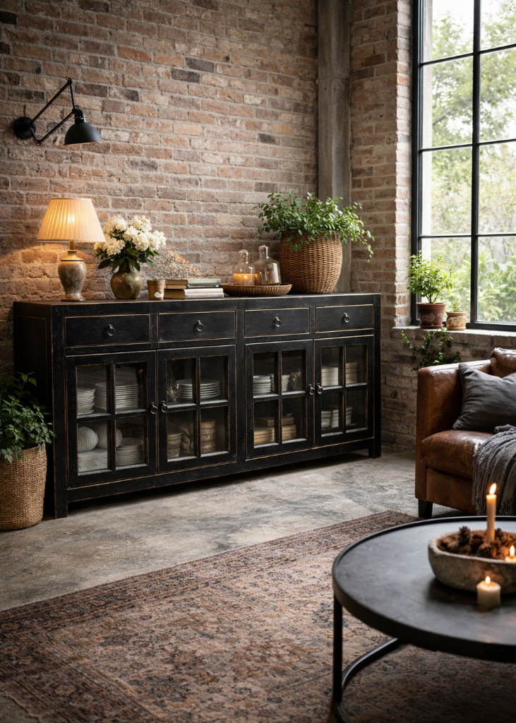 Landhaus Sideboard-Vitrine B 180 cm shabby schwarz
