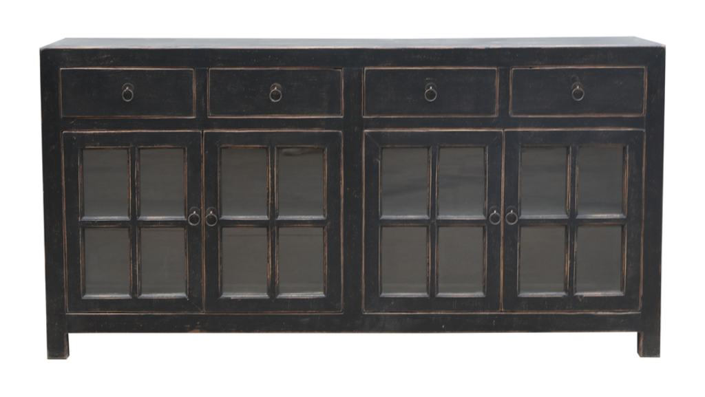 Landhaus Sideboard-Vitrine B 180 cm shabby schwarz