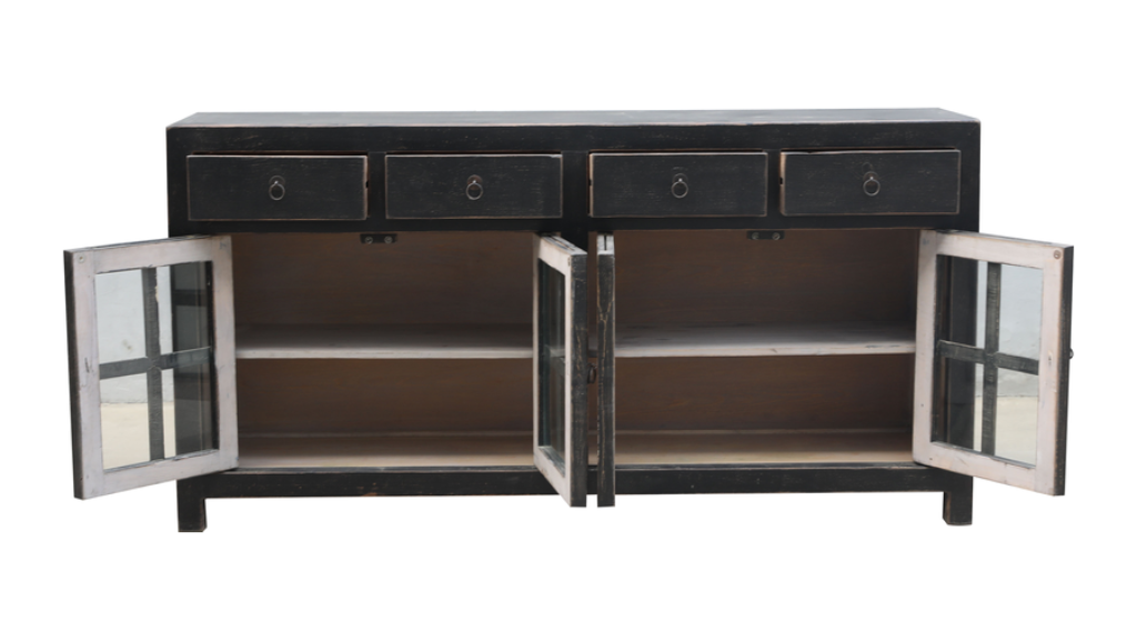 Landhaus Sideboard-Vitrine B 180 cm shabby schwarz