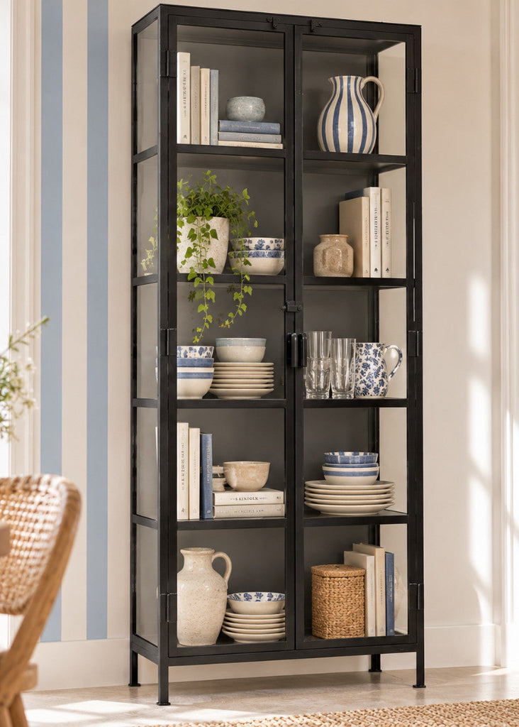 Hohe schwarze Metallvitrine H 214 cm mit Glastüren im Industrial Design, 4 Regale und 5 Fächer