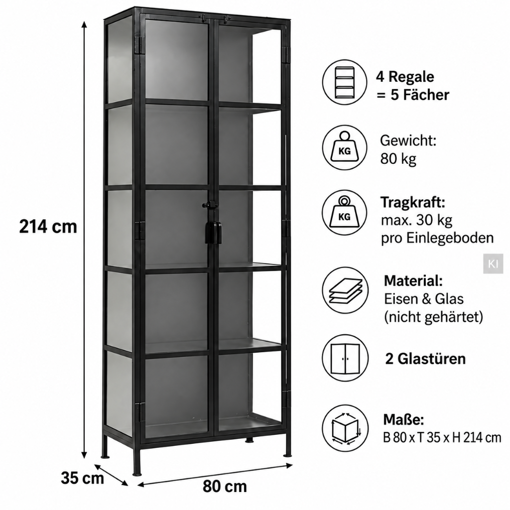 Schwarzer Vitrinenschrank aus Eisen und Glas mit 2 Glastüren, hoher Stauraum im modernen Industrial Style.