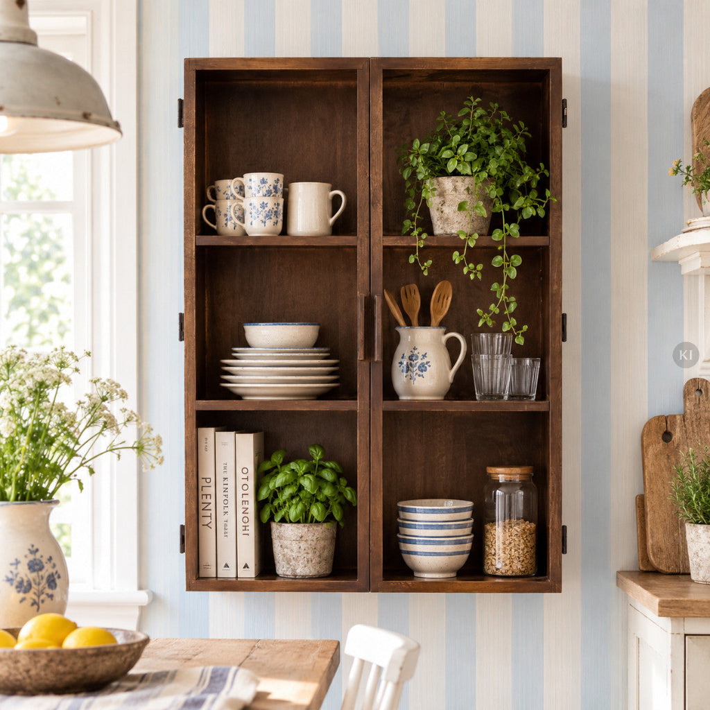 Mangoholz Wandvitrine ISA an hellblau gestreifter Wand mit Tassen, Geschirr und gemütlicher Landhaus Deko