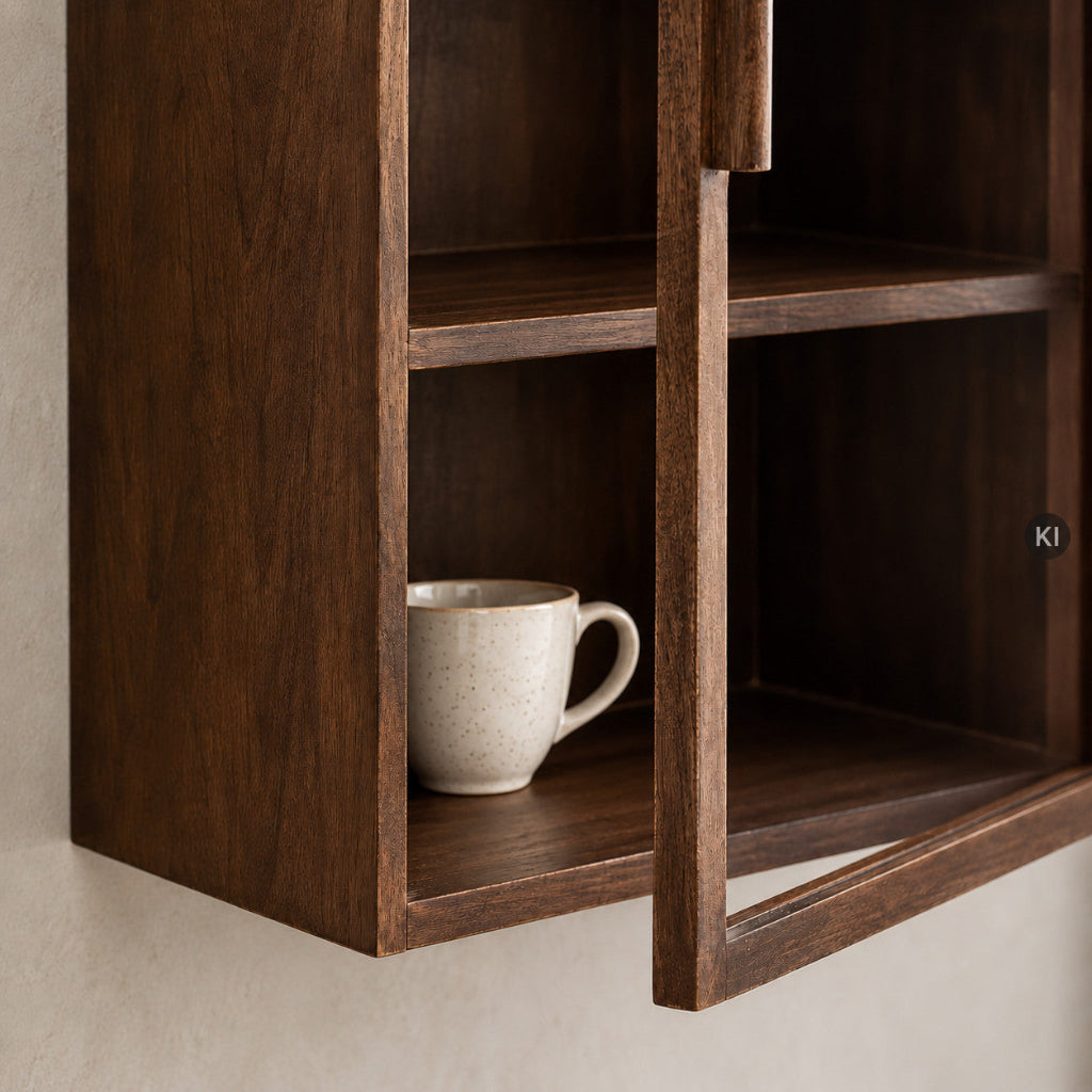 Detailansicht der Wandvitrine ISA aus dunkelbraunem Mangoholz mit Glastür und weißer Kaffeetasse