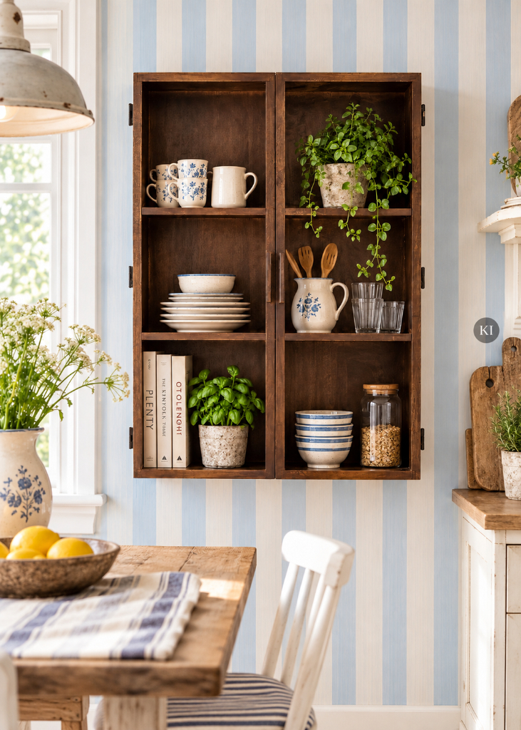 Wandvitrine ISA aus massivem Mangoholz dunkelbraun mit zwei Glastüren und zwei Holzregalen im Landhausstil