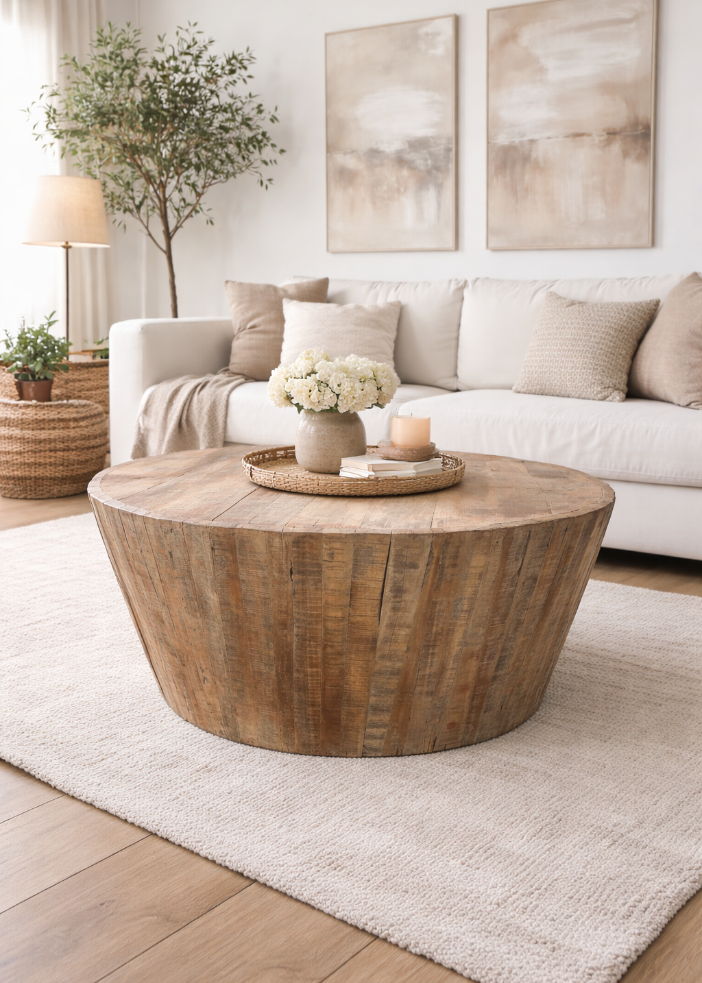 Altholz Couchtisch rund Ø 92 cm aus recyceltem Holz im hellen Wohnzimmer