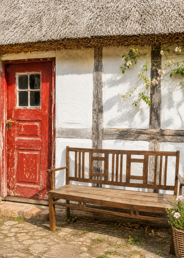Vintage Holzbank aus Recyclingholz mit grafischer Rückenlehne und natürlicher Patina in einer hellen grünen Landhausküche unter dem Fenster.