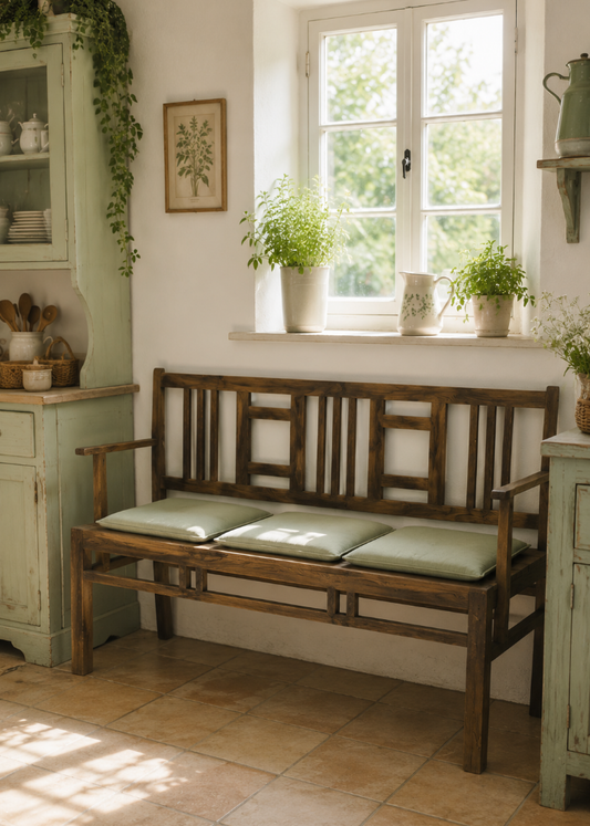 Alte Holzbank aus Altholz als Einzelstück mit sichtbarer Holzmaserung, Patina und hellgrünen Sitzkissen im Farmhouse-Stil.
