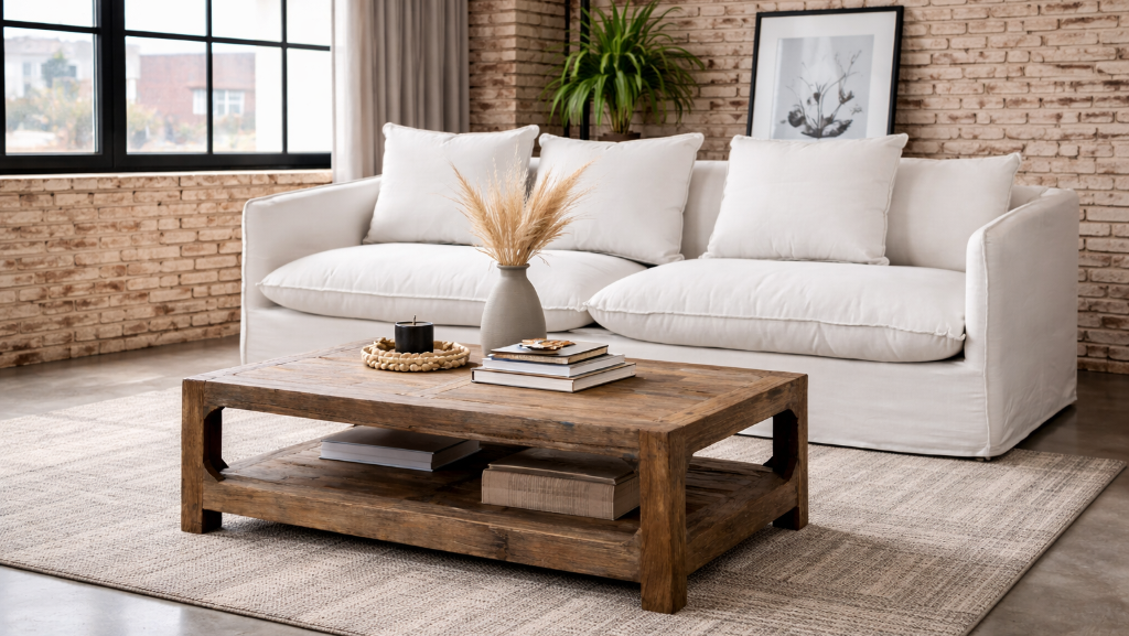 Altholz Couchtisch ELLE mit Ablage 127x76 cm natur - Altholzmöbel