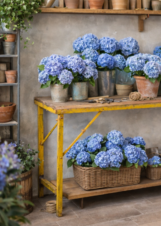 Alter Konsolentisch mit gelben Metallbeinen, rustikaler Arbeitstisch im Blumengeschäft