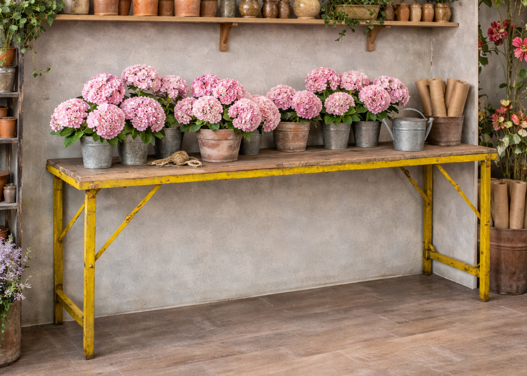 Alter Konsolentisch mit gelben Metallbeinen, rustikaler Arbeitstisch im Blumenladen