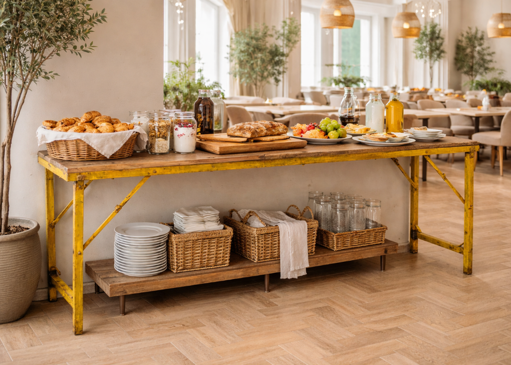 Alter Konsolentisch mit gelben Metallbeinen, rustikales Frühstücksbuffet im Hotel