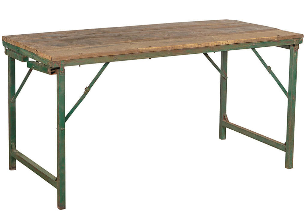 Industrial Tisch Altholz B 153 cm mit grünem Metallgestell shabby chic