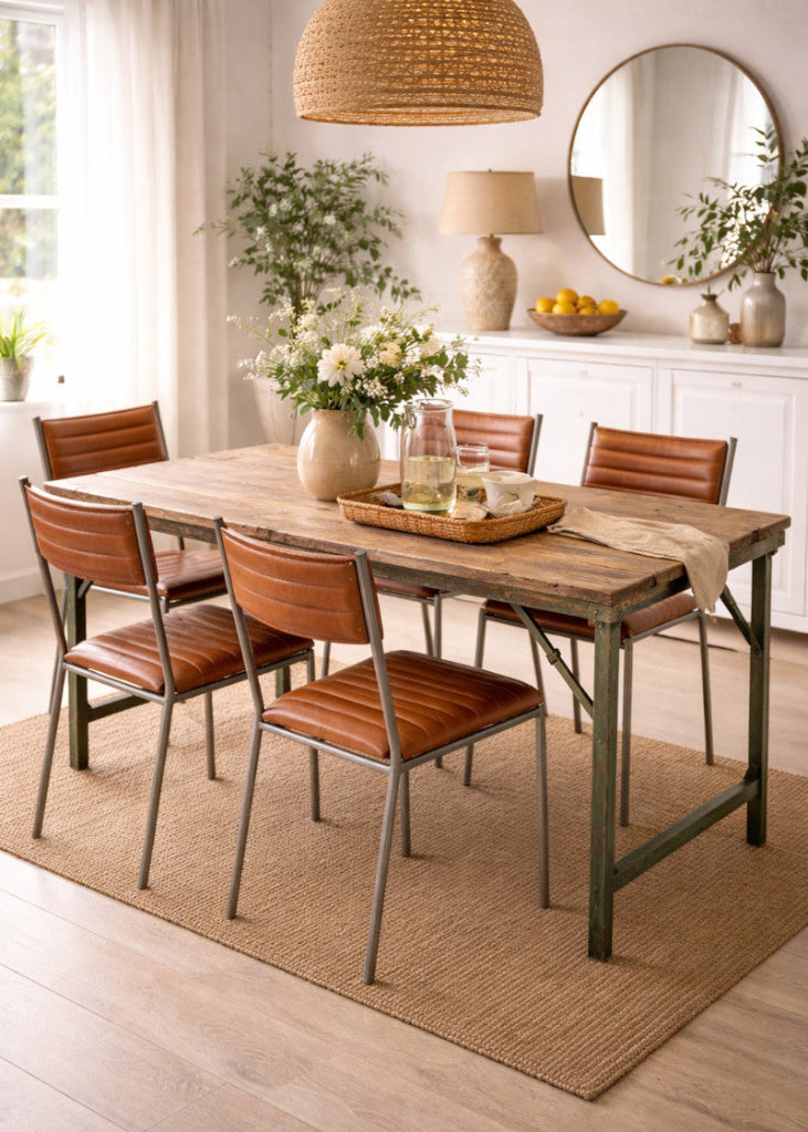 Industrial Tisch Altholz B 153 cm mit grünem Metallgestell mit Stühlen, Esszimmertisch