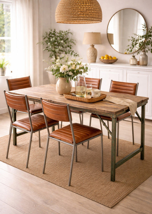 Industrial Tisch Altholz B 153 cm mit grünem Metallgestell mit Stühlen, Esszimmertisch