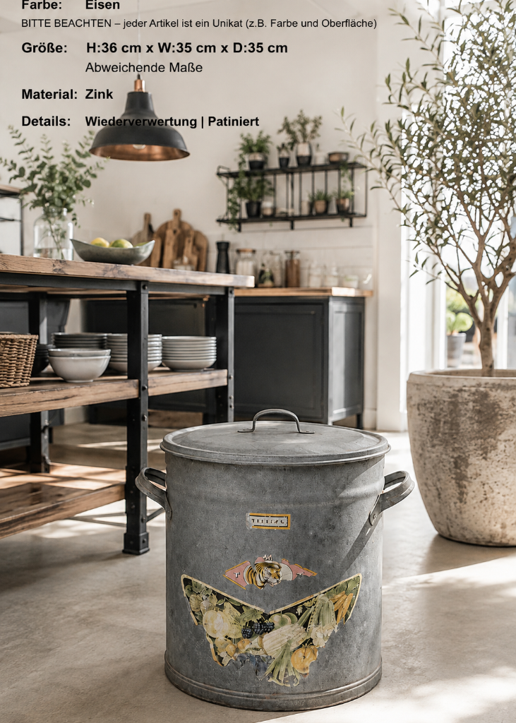 Patinierter Vintage Zinkeimer aus Zink mit Deckel und seitlichen Henkeln als dekorativer Blickfang für Wohnzimmer, Terrasse, Café oder Geschäft.