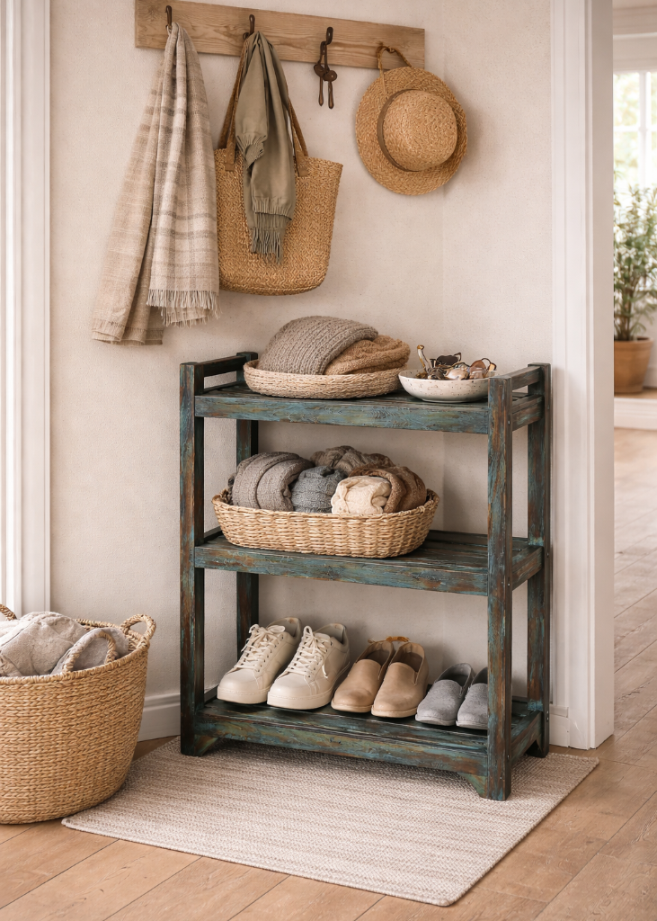 Vintage Altholz Regal Dunkelblau – Shabby Chic Unikat H 76 cm