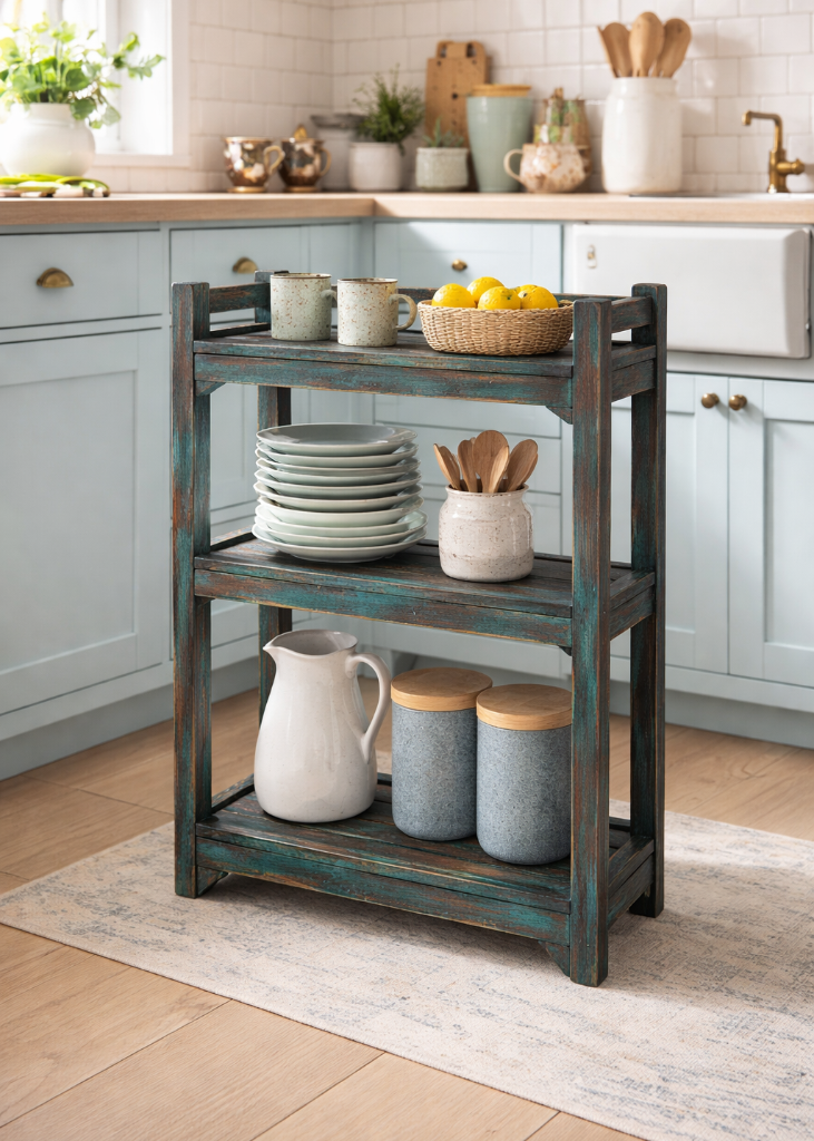 Vintage Altholz Regal Dunkelblau – Shabby Chic Unikat H 76 cm