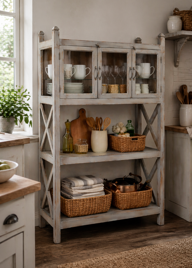 Landhaus Regal mit Vitrine in shabby grau aus Altholz, drei Glastüren oben und zwei offenen Ablagen unten im Vintage Küchenstil.