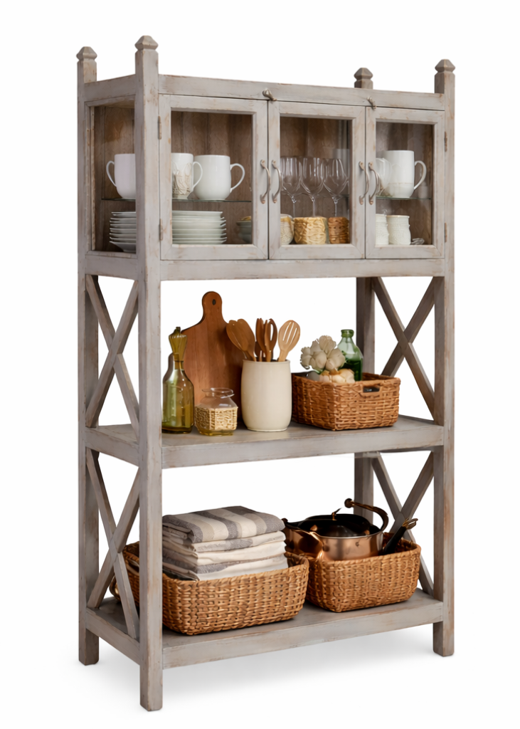 Antikes graues Küchenregal aus Massivholz mit kleiner Vitrine, drei Glastüren oben und zwei offenen Ablagen im Shabby Chic Landhausstil.
