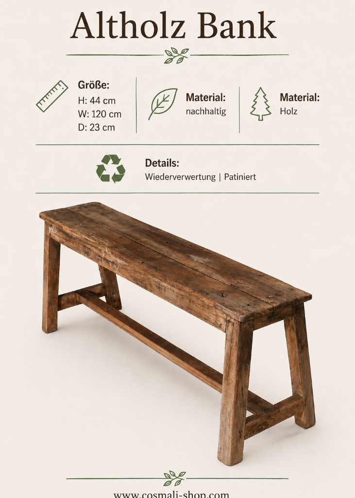 Nachhaltige Holzbank mit patinierter Oberfläche
