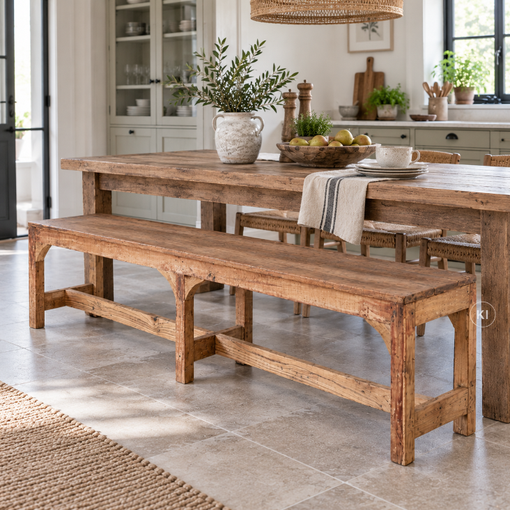 Altholz Sitzbank LENI im Wohnzimmer – 178 cm lange Holzbank als dekorative Blumenbank für Pflanzen und Wohnaccessoires