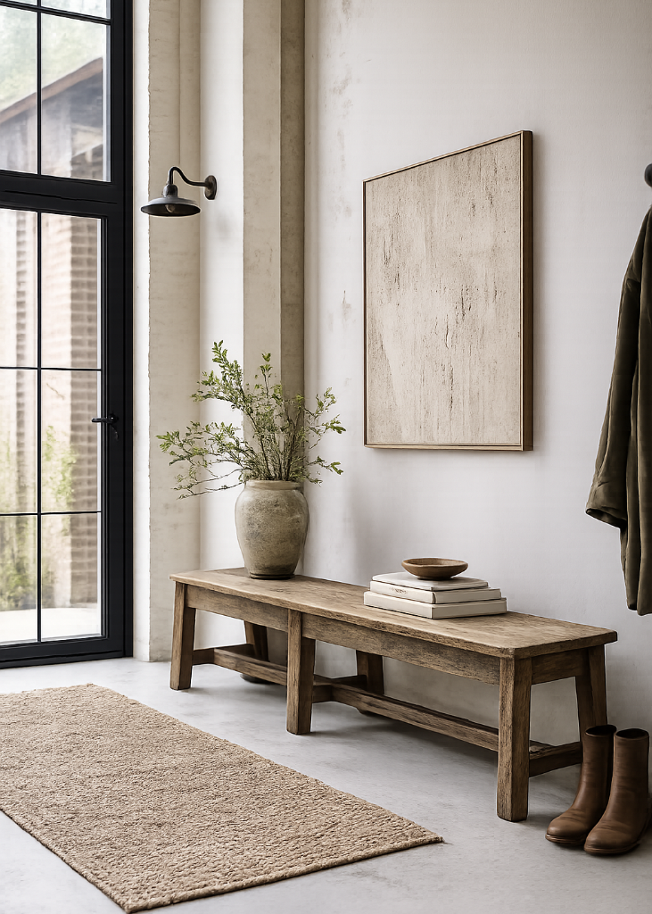 Rustikale Altholz Sitzbank aus recyceltem Teakholz auf sonniger Terrasse im natürlichen Vintage Look