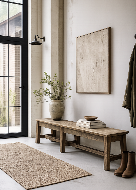 Rustikale Altholz Sitzbank aus recyceltem Teakholz auf sonniger Terrasse im natürlichen Vintage Look